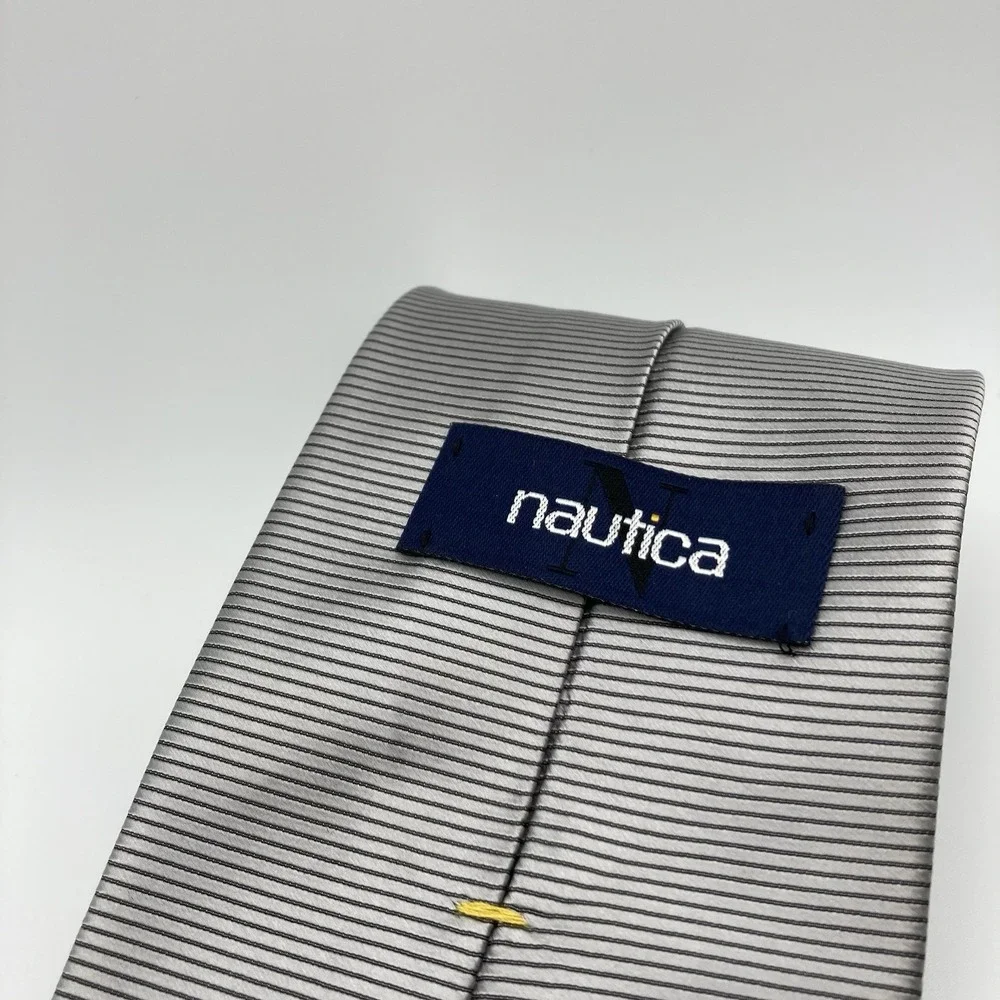 NAUTICA Tie MENS 100% Silk‎ Necktie Silver Black Striped